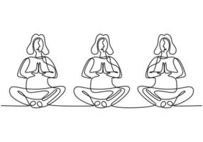 Woman doing yoga exercise. Three young girls sitting cross legged meditating continuous one line draw design isolated on white background. Character women group yoga lessons. Vector illustration.