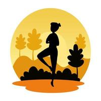 silhouette of woman practicing pilates on the landscape sunset scene vector