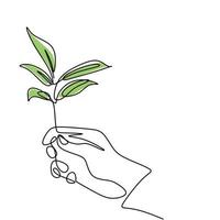 Continuous line drawing of hand holding a growing plant. Person's hand holds leaves, minimalist hand drawn on white background. Back to nature concept. Vector design illustration