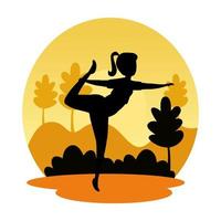 silhouette of woman practicing pilates on the landscape sunset scene vector