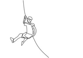 A person holding a line for climbing a wall. One continuous line of climber with rope. Energetic young man climb up across wall. Rock climbing sport concept hand draw. Vector design illustration