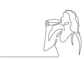 Continuous one line drawing, vector of woman drinking water from bottle after sport exercise. Minimalism design with simplicity hand drawn isolated on white background.