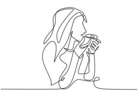 Continuous one line drawing, vector of girl drinking coffee. Minimalism design with simplicity hand drawn isolated on white background.