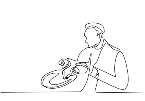 Continuous one line drawing, vector of man eating breakfast. Minimalism design with simplicity hand drawn isolated on white background.