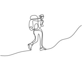 Continuous one line drawing of hand drawn traveling people with backpacks silhouettes. The tourist hiking backpack picnic mountains. Character man doing hiking, walking on the hill vector