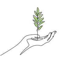 One line drawing of sprout in hand. Seedlings grow in the hands of trees.