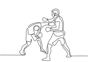 One line drawing or continuous line drawing of Taekwondo and Karate Training. Two young energetic man practice kick and hit in karate fighting technique. Martial art sport training concept vector