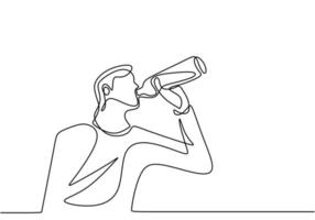 Continuous one line drawing, vector of man drinking water from plastic bottle or tumbler. Minimalism design with simplicity hand drawn isolated on white background.