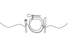 Continuous line drawing of food symbol. Sign of plate, knife, and fork. Minimalism hand drawn one line art minimalist vector illustration. Dinner theme with creative sketch contour.