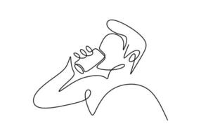 Continuous one line drawing, vector of man drinking water from plastic bottle or tumbler. Minimalism design with simplicity hand drawn isolated on white background.