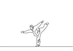 El hombre está haciendo entrenamiento de taekwondo ilustración vectorial de dibujo continuo de una sola línea. Hombre senior profesional de pie con una pierna mientras los brazos estirados para entrenar el equilibrio corporal estilo minimalista vector