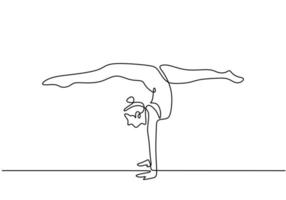 One line drawing of woman doing handstand. Young cute girl doing exercise and training standing with her hands isolated on white background. Minimalist style. Vector design illustration