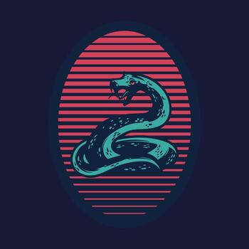 Cool hand drawn of python illustration with red and green color. Green snake illustration with red grunge and navy background vector