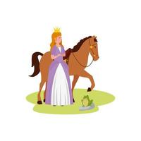 princesa de cuento de hadas con caballo y sapo vector