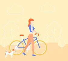 Girl with bicycle and dog in park, vector