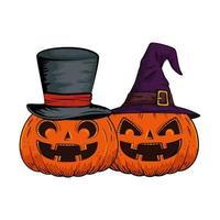 halloween pumpkins with hats witch and wizard pop art style vector