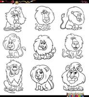Leones de dibujos animados personajes de animales cómicos establecer página de libro para colorear vector