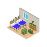 Habitación de albergue isométrica sobre fondo blanco. vector