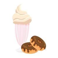 set of delicious donuts with milkshake vector