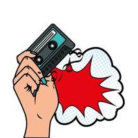 hand with cassette and cloud pop art style icon vector