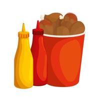 Conjunto de comida de pollo en un recipiente con botellas salsas icono aislado vector