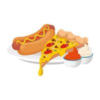 deliciosa pizza italiana con hot dog y salsas icono de comida rápida vector