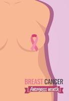 poster breast cancer awareness month with body of woman and ribbon vector