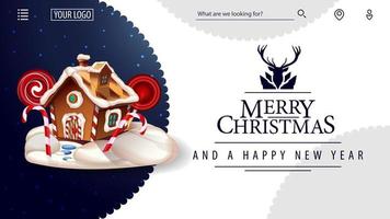 Merry Christmas and Happy New Year, white card for website in minimalistic white style with beautiful greeting lettering and Christmas gingerbread house vector