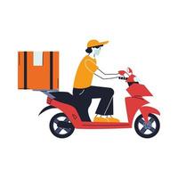 man with mask delivering order on scooter vector