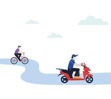 deliverymen on scooters and bikes vector