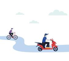 deliverymen on scooters and bikes vector