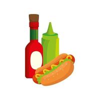 set of delicious sauces with hot dog isolated icon vector