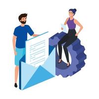 young couple with envelope and gear vector