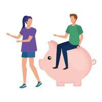 young couple with piggy savings characters vector