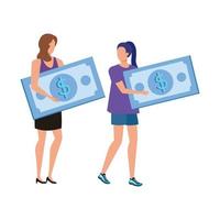 young women with bills dollars characters vector