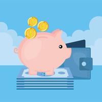 piggy savings with wallet and money vector