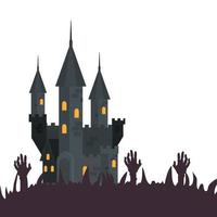 castillo embrujado de halloween con manos zombie vector