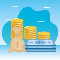 coins money dollars with bills and bag vector
