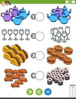 greater less or equal educational game with food objects vector