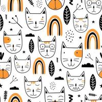 Seamless pattern with cute colorful Kittens scandinavian drawing. Creative childish hand drawn unique style. Good for baby and kids fashion textile print. Vector illustration element fabric ready.