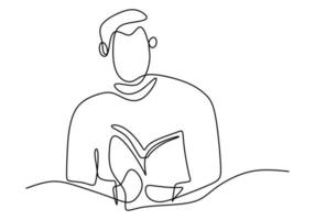 Single continuous line drawing boy focus reading book. Sitting and study with his book. Vector illustration