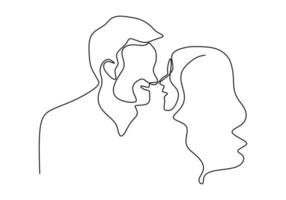 Continuous one single line drawing of romantic kiss of two lovers. Minimalism hand drawn sketch vector illustration, good for valentine's day banner, poster, and background. relationship concept.