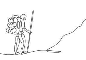 One line drawing of hiker with backpack. Continuous hand drawn person doing hiking, walking on the hill. vector