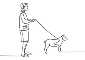 Person spending time walking with a dog. Playing with dog. Continuous single drawn one line. Vector illustration.