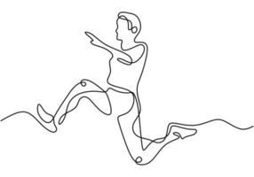 dibujo de línea continua del salto de longitud del atleta. joven atleta enérgico ejercicio para aterrizar en la piscina de arena después de saltar la ilustración vectorial, estilo minimalista. vector