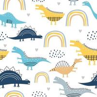 childish dinosaur seamless pattern for fashion clothes, fabric, t shirts. hand drawn. Vector illustration for baby and kids textile print, scandinavian style.