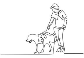 Person spending time walking with a dog. Playing with dog. Continuous single drawn one line. Vector illustration.