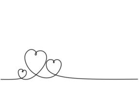 Continuous line drawing of three hearts. Black and white vector minimalist illustration of love concept minimalism one hand drawn sketch romantic theme.