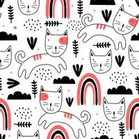 Patrón sin fisuras con lindos gatitos coloridos dibujo escandinavo. estilo único dibujado a mano infantil creativo. Bueno para bebés y niños, impresión textil de moda. ilustración vectorial elemento tejido listo. vector