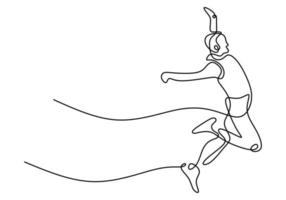 Continuous line drawing of athlete long jump. Young energetic athlete exercise to land on sand pool after jumping vector illustration, minimalism style.